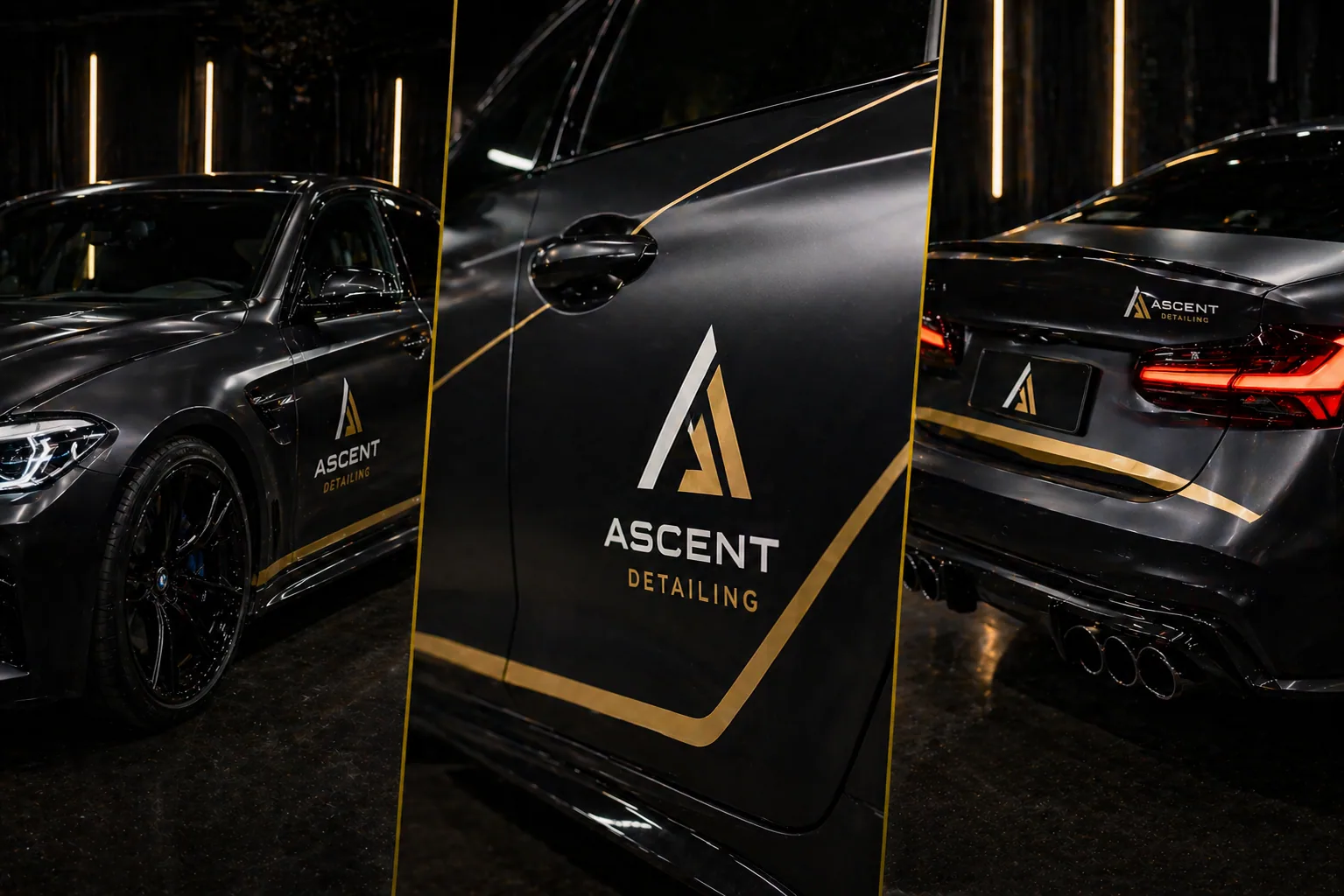Three-panel collage showing a dark sedan with gold logo graphics on the doors and rear bodywork